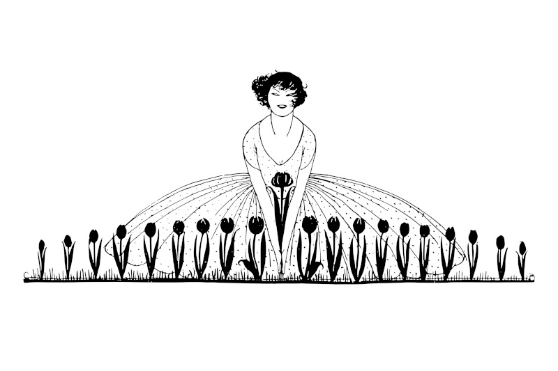 Woman in Tulip Garden Vintage Illustration